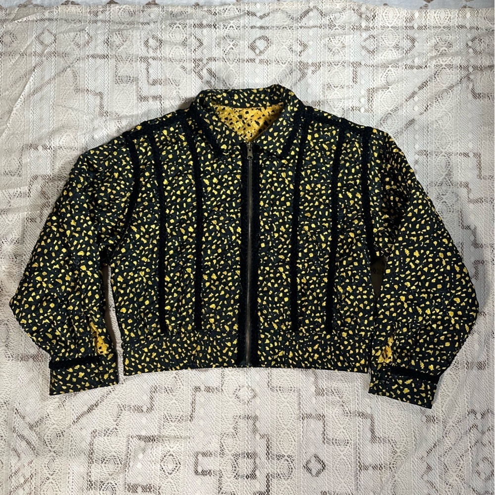 Vintage Reversible Yellow/Black Speckle Patterned Quilted Silky Puffer Jacket